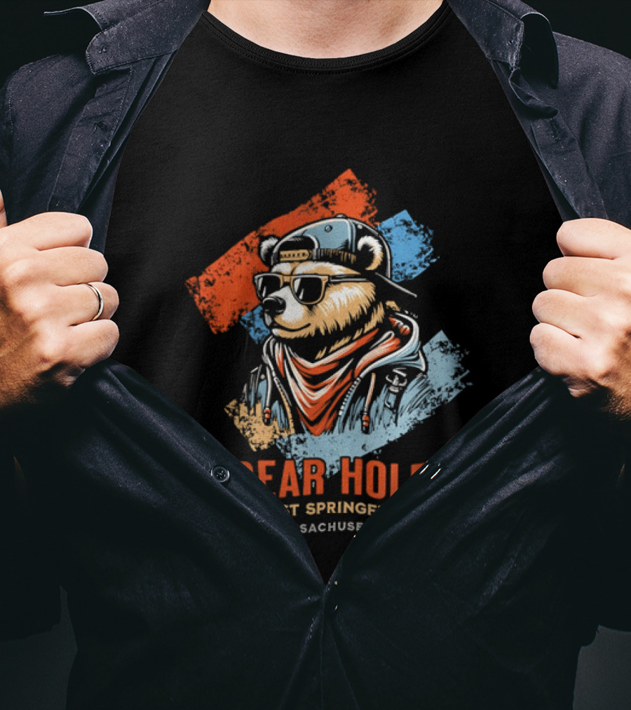 Bear Hole West Springfield Massachusetts Bear Wearing Sunglasses Cap Bandana Distressed T-Shirt