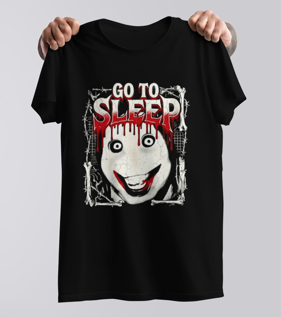 Go To Sleep Creepy Pale Face Bloody Smile Barbed Wire Bones T-Shirt