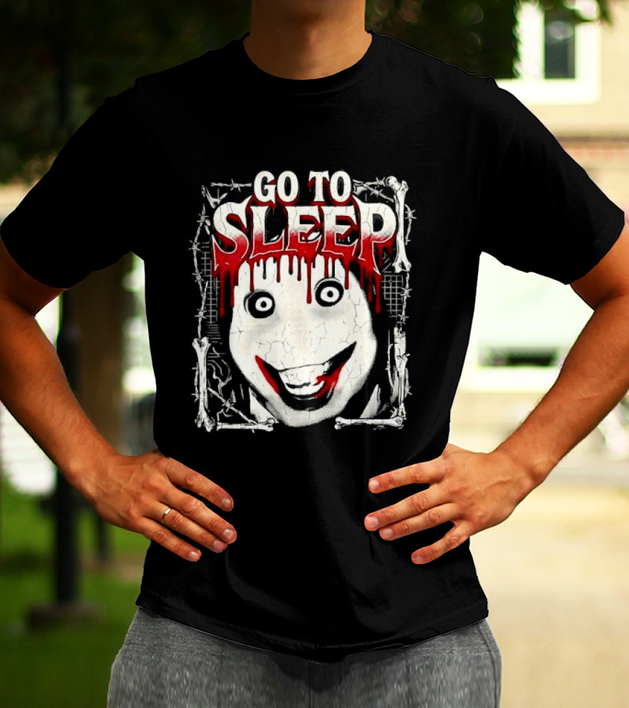 Go To Sleep Creepy Pale Face Bloody Smile Barbed Wire Bones T-Shirt