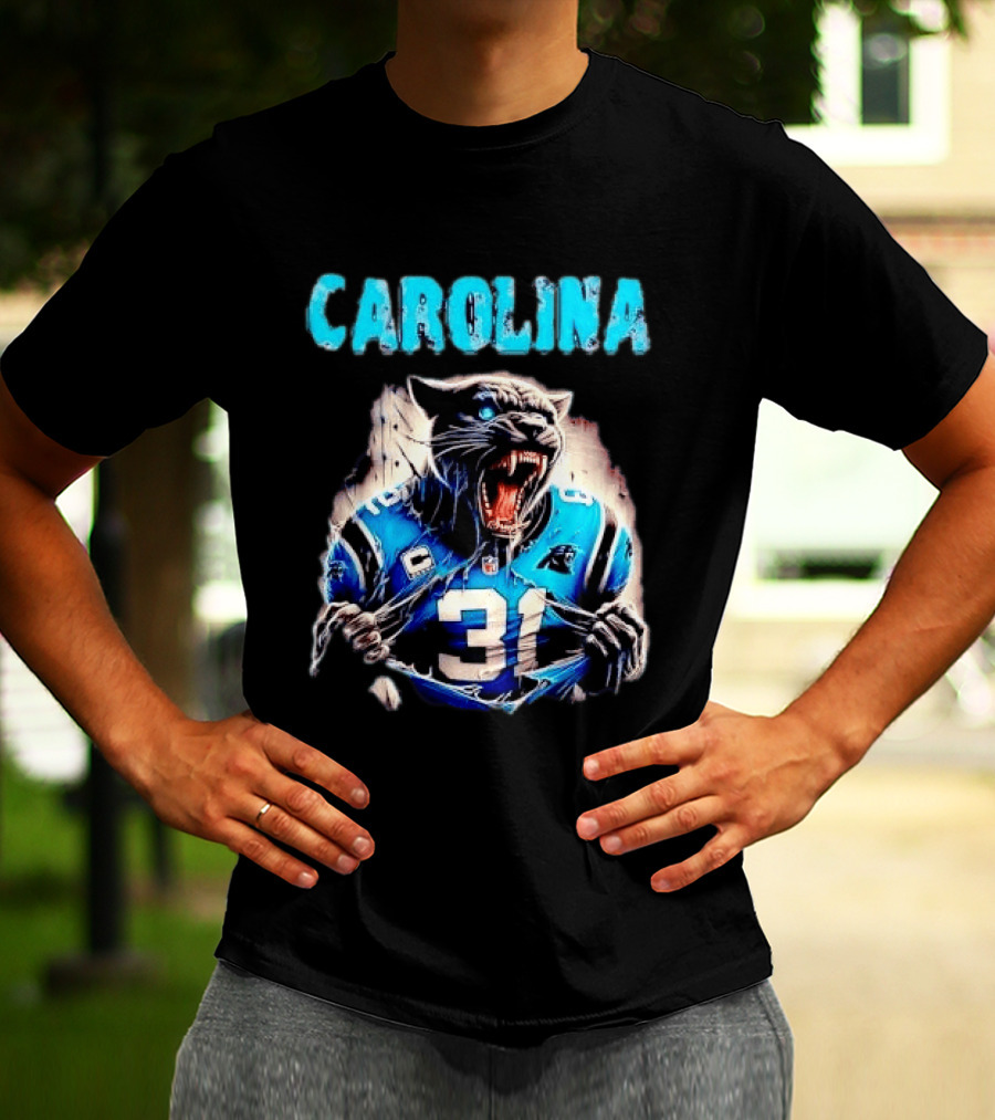 Carolina Panthers Snarling Beast Tearing Blue Jersey 31 T-Shirt