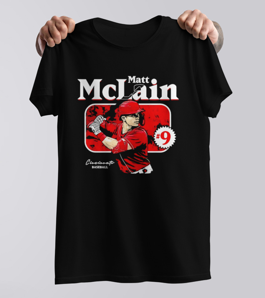 Matt McLain Cincinnati Baseball Number 9 Batter Stance Red Frame T-Shirt