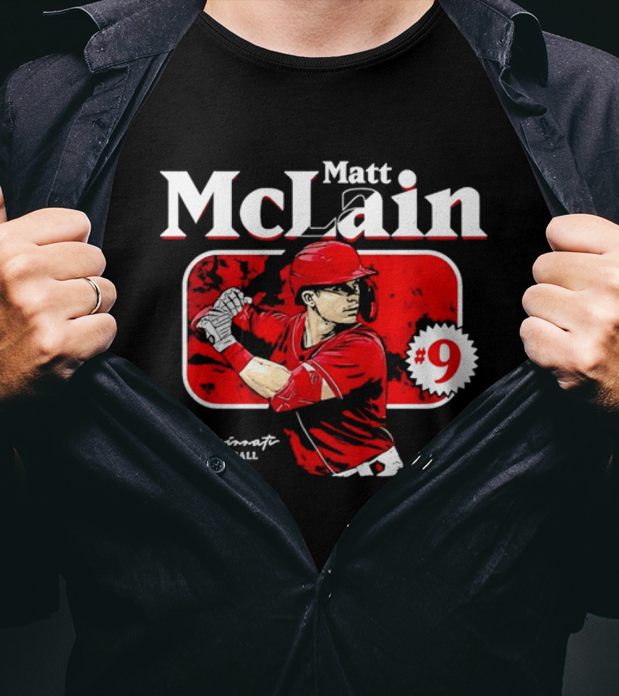 Matt McLain Cincinnati Baseball Number 9 Batter Stance Red Frame T-Shirt