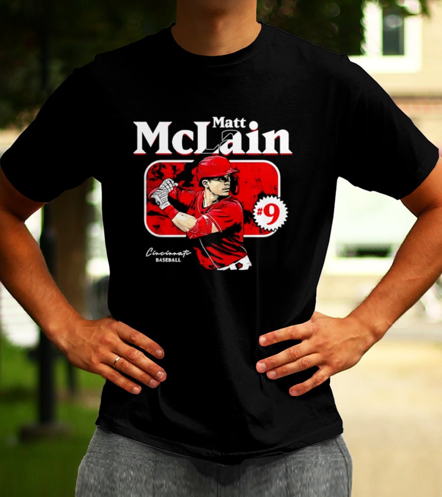Matt McLain Cincinnati Baseball Number 9 Batter Stance Red Frame T-Shirt