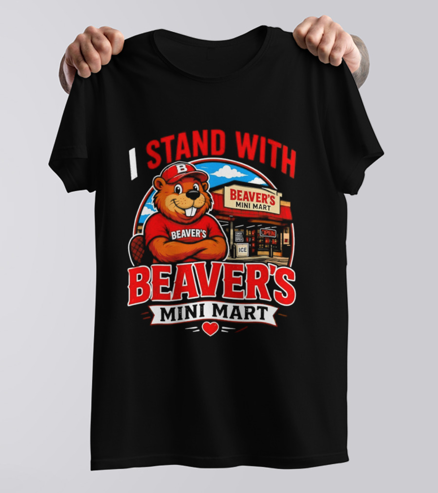 I Stand With Beaver's Mini Mart Cartoon Character Storefront T-Shirt