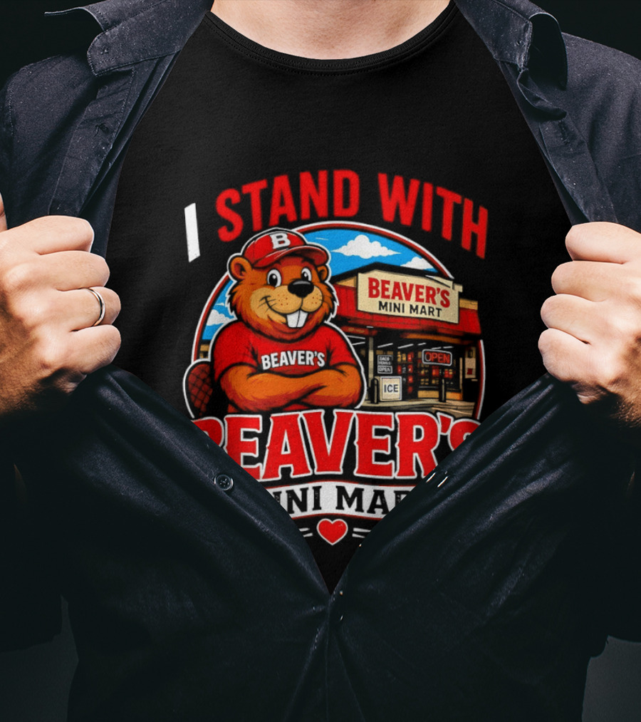 I Stand With Beaver's Mini Mart Cartoon Character Storefront T-Shirt