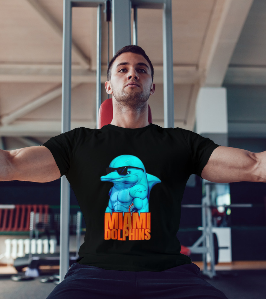Miami Dolphins Fins Up Muscular Cartoon Sunglasses Tattoo T-Shirt