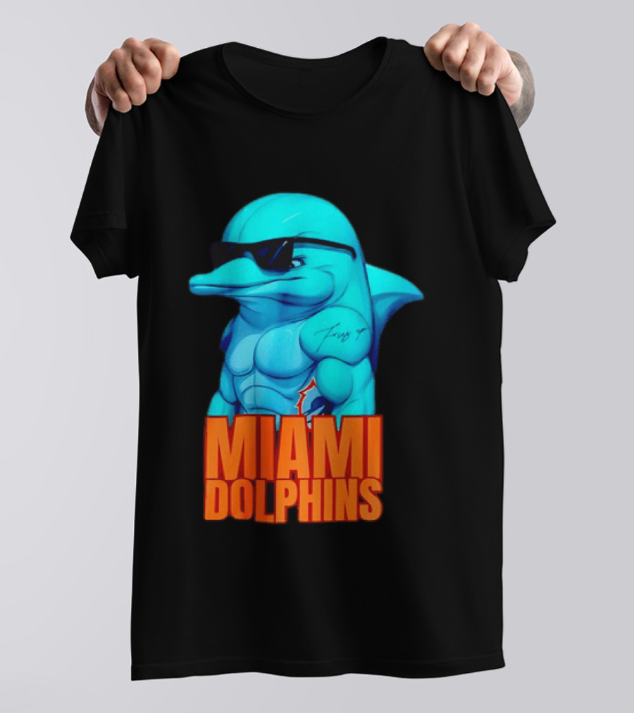 Miami Dolphins Fins Up Muscular Cartoon Sunglasses Tattoo T-Shirt