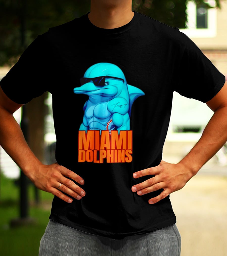 Miami Dolphins Fins Up Muscular Cartoon Sunglasses Tattoo T-Shirt
