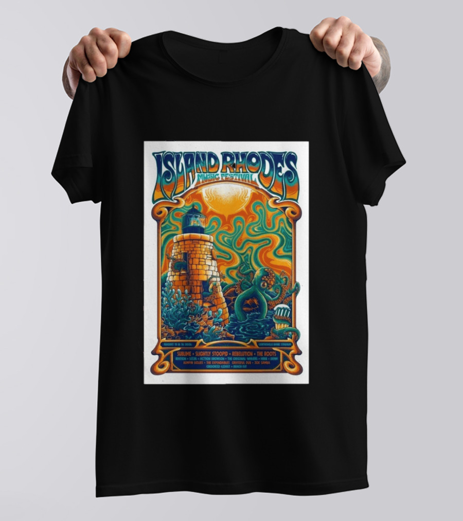 Island Rhodes Music Festival 2026 Lighthouse Octopus Art Pawtucket Rhode Island Sublime Slightly Stoopid August 15 16 T-Shirt