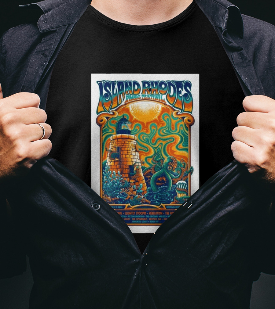 Island Rhodes Music Festival 2026 Lighthouse Octopus Art Pawtucket Rhode Island Sublime Slightly Stoopid August 15 16 T-Shirt