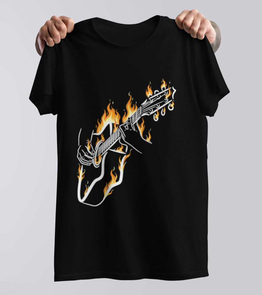 Musician Hands Flaming Acoustic Guitar White Line Artistry T-Shirt