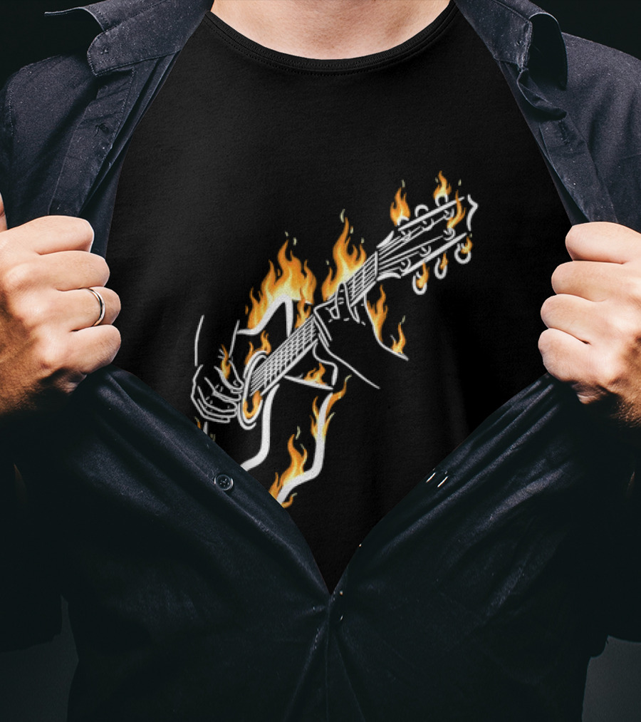Musician Hands Flaming Acoustic Guitar White Line Artistry T-Shirt