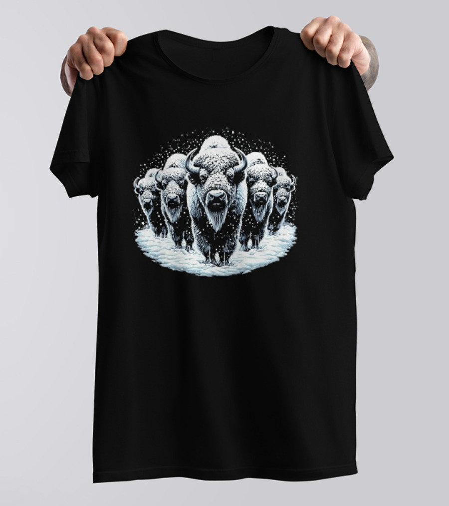 Five Snowbound American Bison Herd Winter Blizzard Snowdrift T-Shirt
