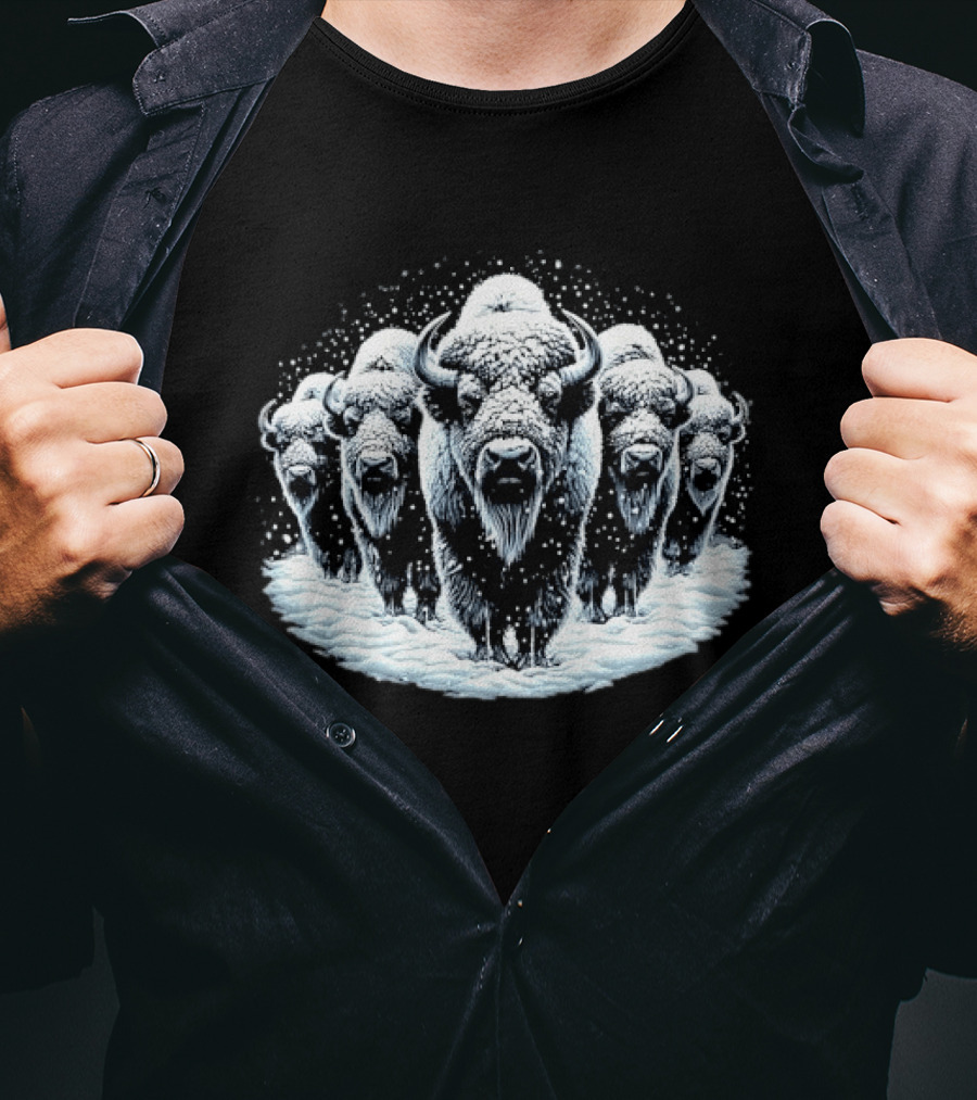 Five Snowbound American Bison Herd Winter Blizzard Snowdrift T-Shirt