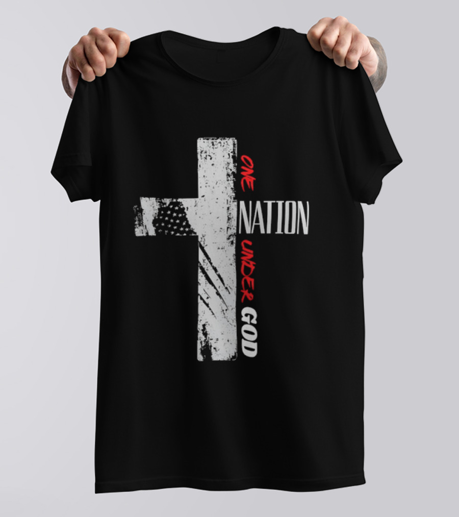 One Nation Under God Distressed Cross American Flag Stars T-Shirt
