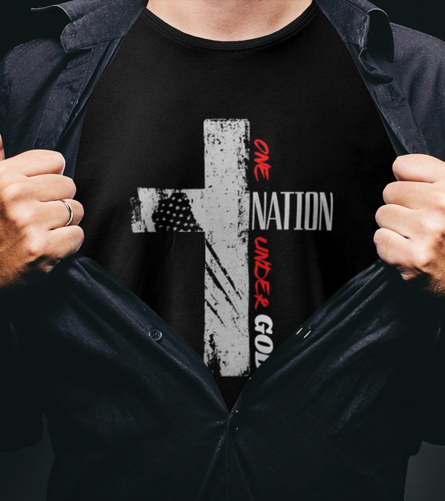 One Nation Under God Distressed Cross American Flag Stars T-Shirt