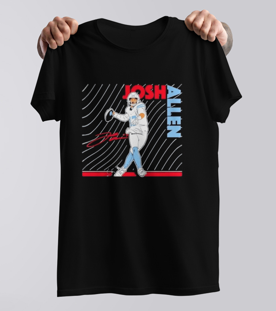 Josh Allen Quarterback Throwing Football Wavy Line Illustration With Bold Name T-Shirt