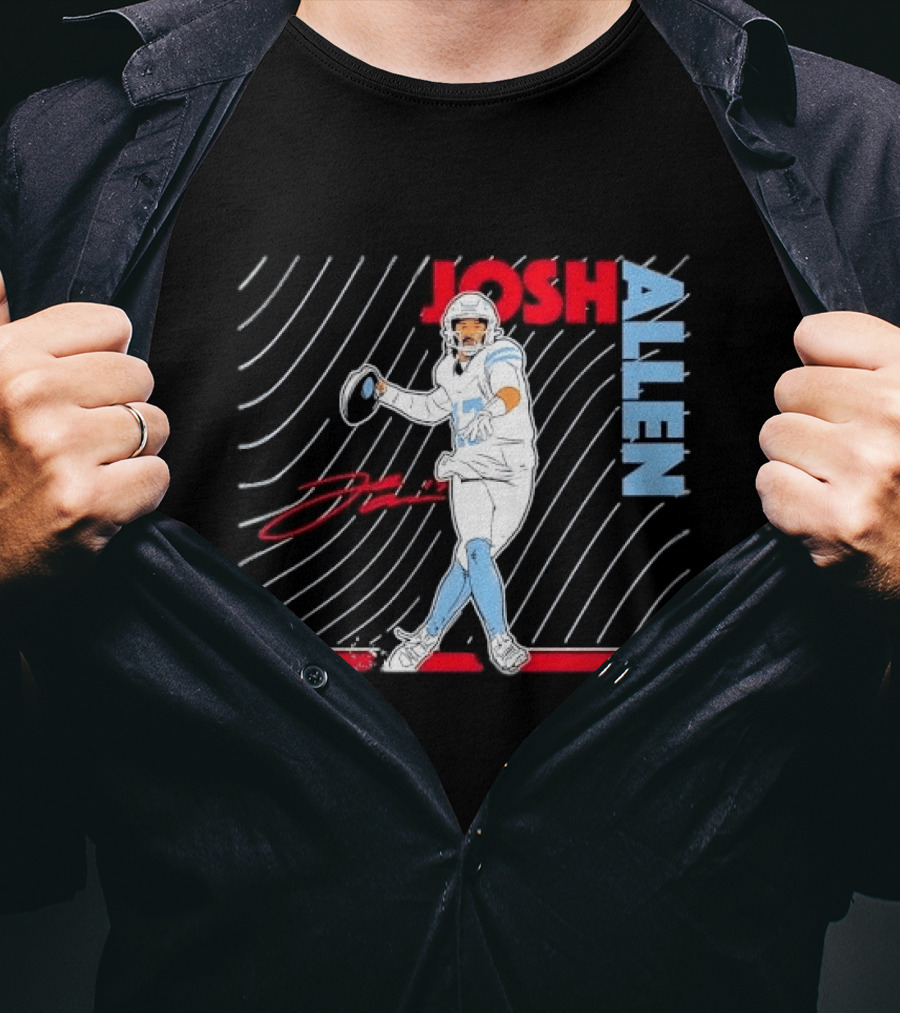 Josh Allen Quarterback Throwing Football Wavy Line Illustration With Bold Name T-Shirt