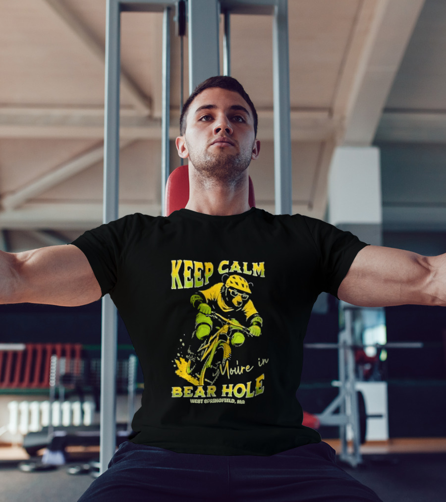 Keep Calm You're In Bear Hole West Springfield MA Cartoon Animal Riding Mountain Bike Helmet Sunglasses T-Shirt