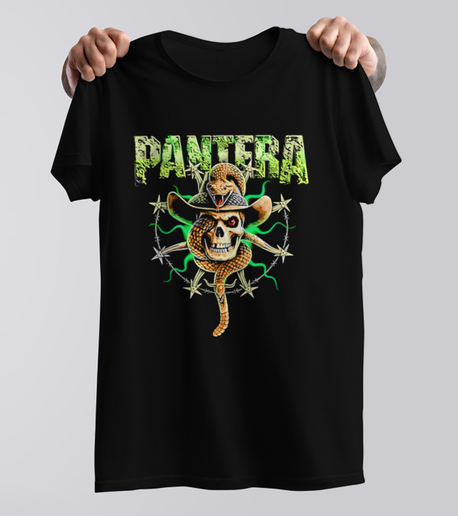 Pantera Rattlesnake Coiled Skull Cowboy Hat Green Glow T-Shirt