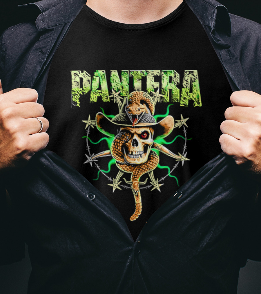 Pantera Rattlesnake Coiled Skull Cowboy Hat Green Glow T-Shirt