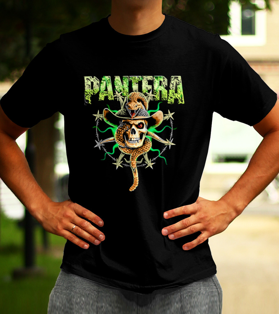 Pantera Rattlesnake Coiled Skull Cowboy Hat Green Glow T-Shirt