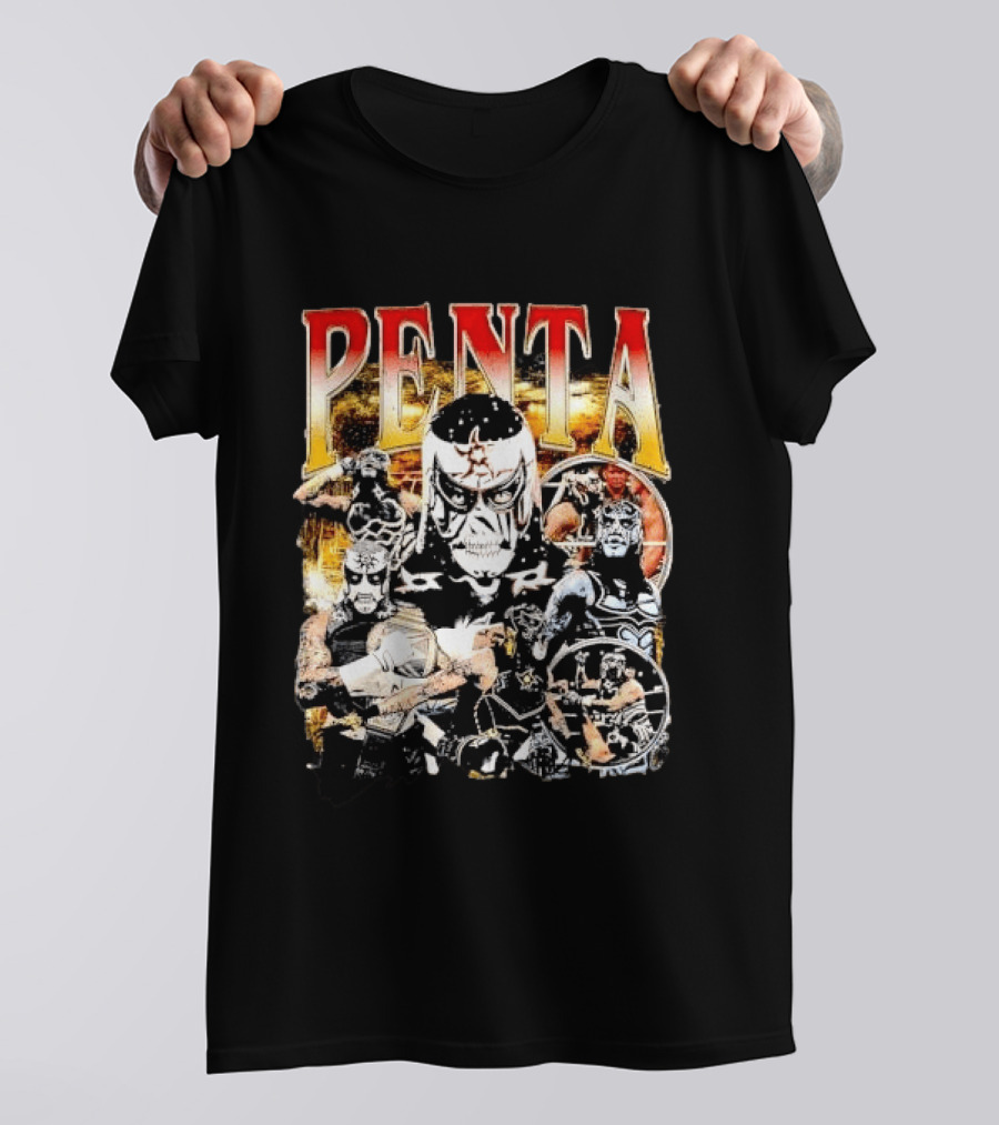 Penta Masked Luchador Wrestler Belt Photo Collage Bootleg T-Shirt