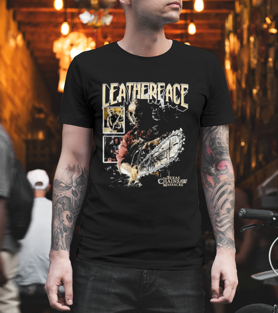 Leatherface Texas Chainsaw Massacre Horror Collage Holding Saw T-Shirt