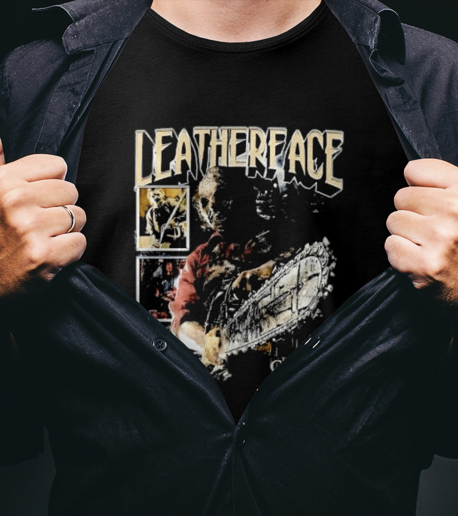 Leatherface Texas Chainsaw Massacre Horror Collage Holding Saw T-Shirt