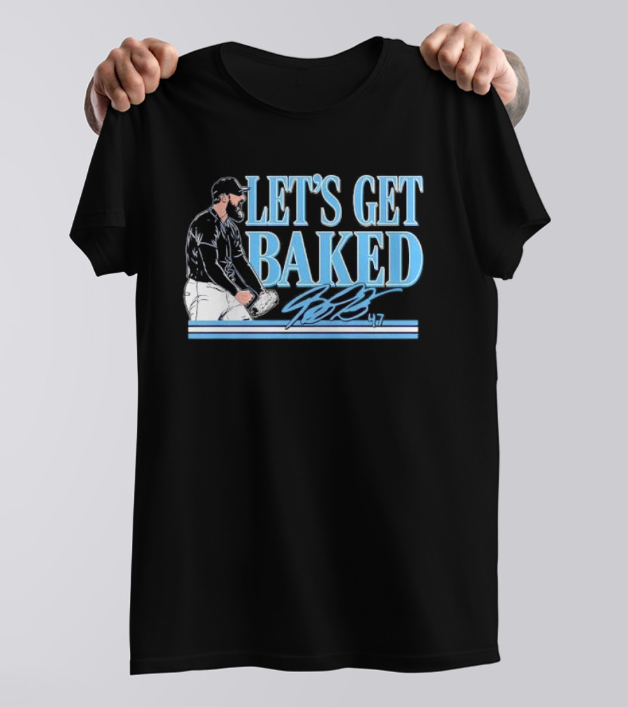 LET'S GET BAKED Bryan Baker Bearded Baseball Pitcher Celebrating Line T-Shirt