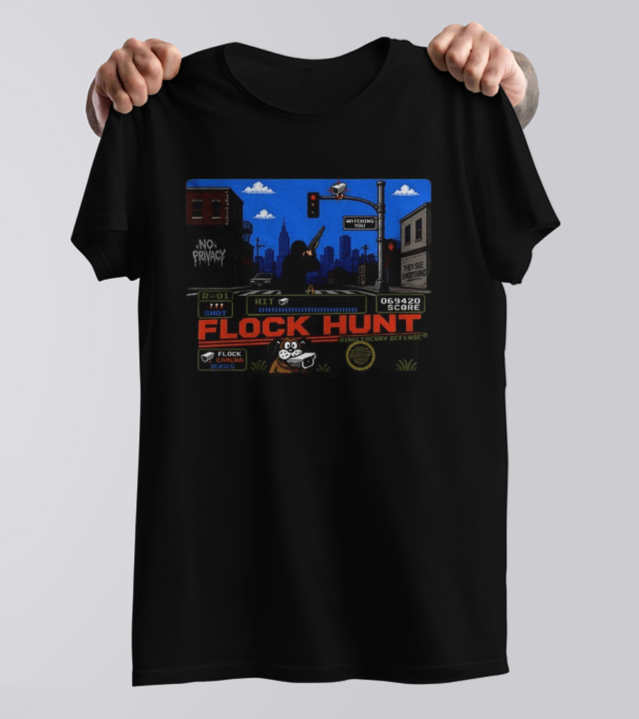 Flock Hunt Surveillance Camera Shooter Dog Video Game No Privacy Dingleberry Defense T-Shirt