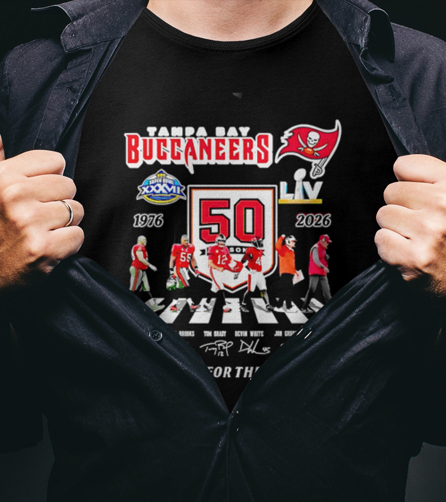 Tampa Bay Buccaneers 50th Anniversary Thank You For The Memories Warren Sapp Derrick Brooks Abbey Road Crosswalk 1976 2026 T-Shirt