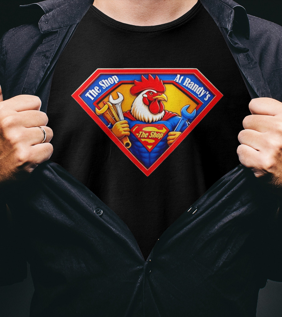 The Shop At Randy's Cartoon Rooster Superhero Wrenches Crest T-Shirt