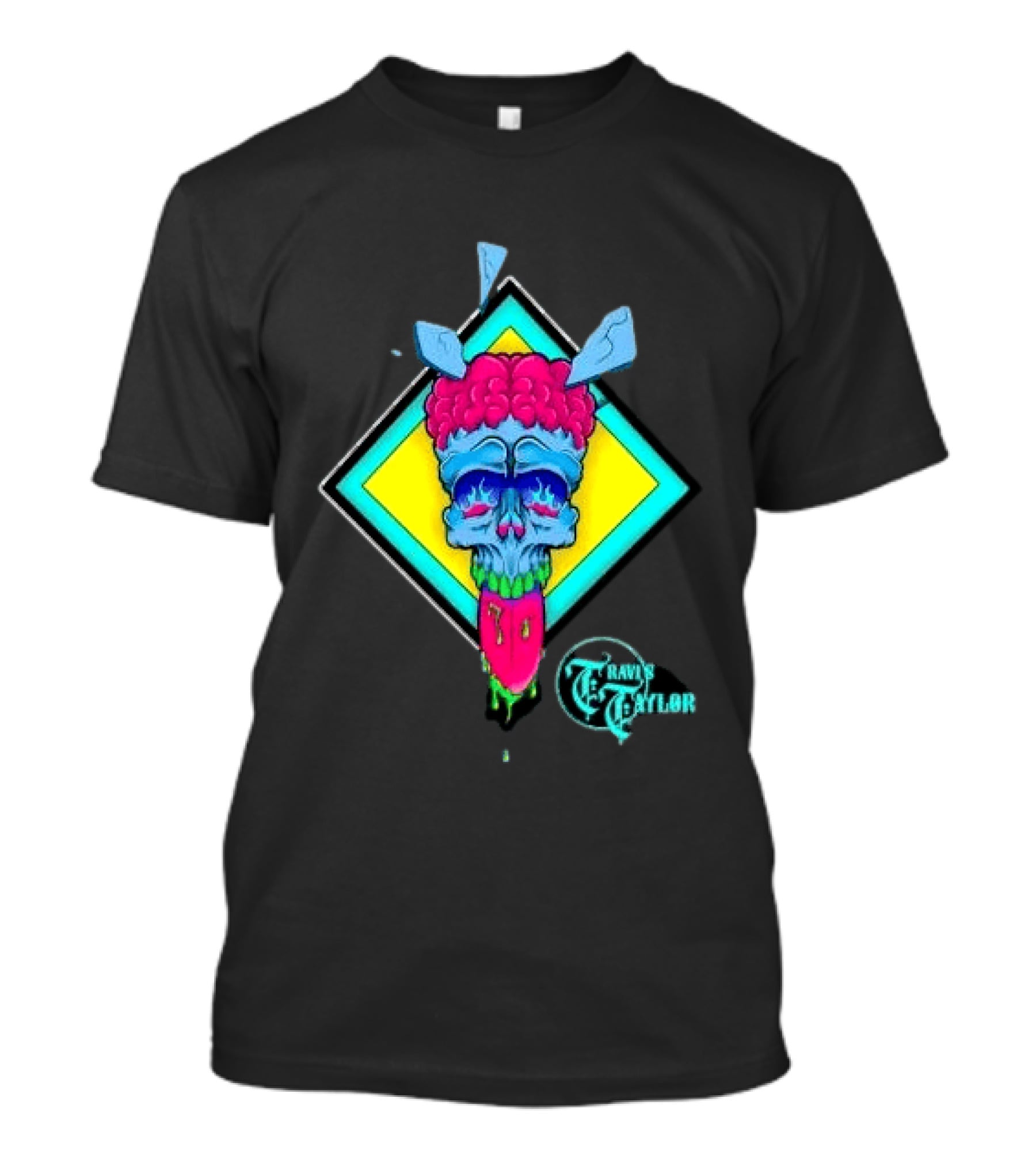 Travis Taylor Neon Skull Pink Brain Green Slime Tongue Diamond Geometric T-Shirt