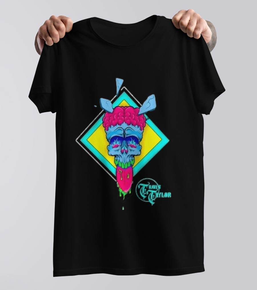 Travis Taylor Neon Skull Pink Brain Green Slime Tongue Diamond Geometric T-Shirt
