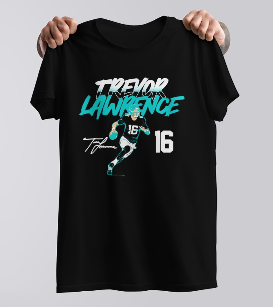 Trevor Lawrence No 16 Jaguars Signature Style Football 2026 T-Shirt