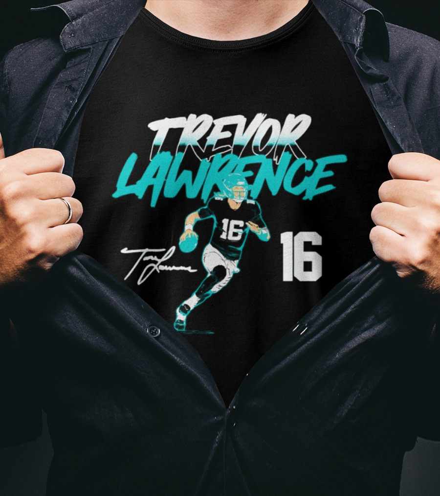Trevor Lawrence No 16 Jaguars Signature Style Football 2026 T-Shirt