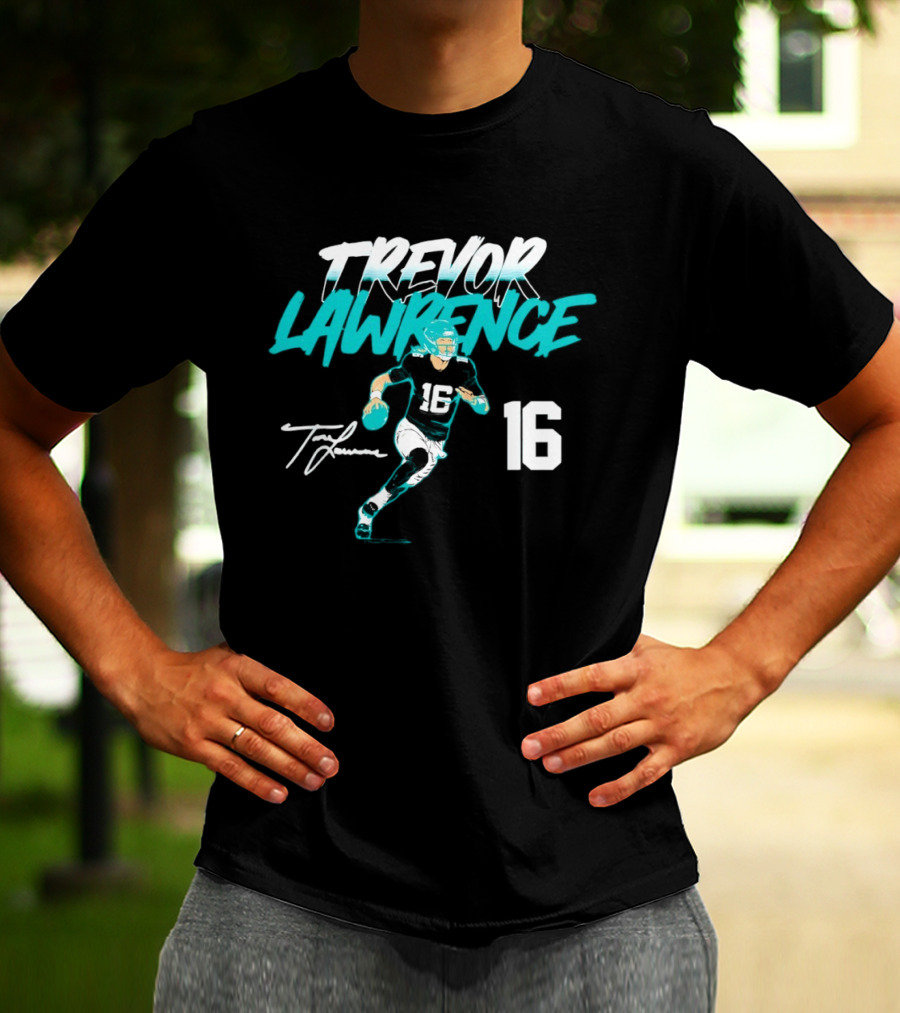 Trevor Lawrence No 16 Jaguars Signature Style Football 2026 T-Shirt
