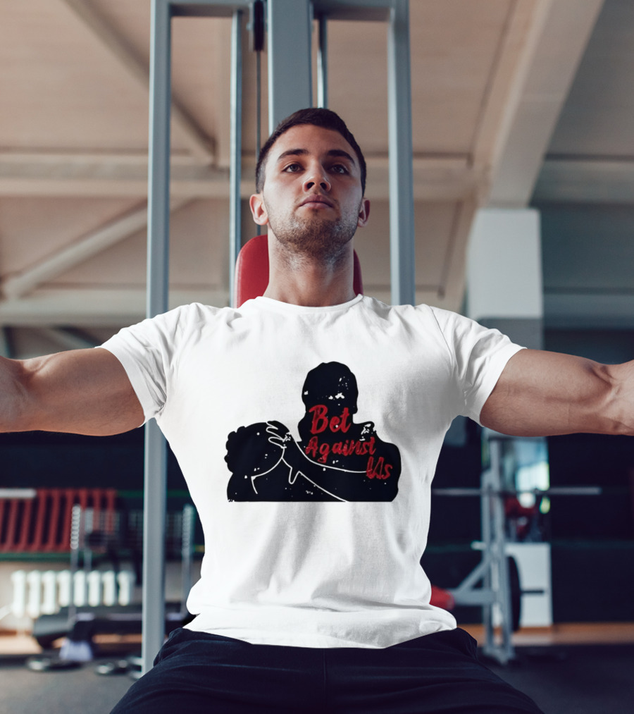 Bet Against Us Red Script Embracing Figures White Line T-Shirt