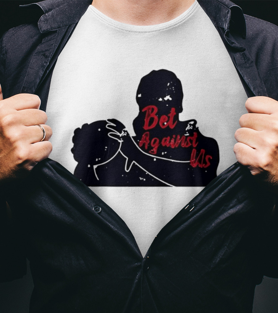 Bet Against Us Red Script Embracing Figures White Line T-Shirt