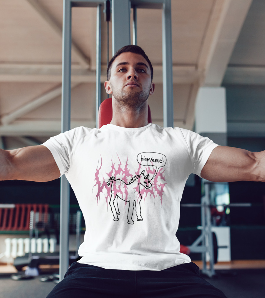 Bienvenue Cartoon Horned Unicorn Pink Flames T-Shirt