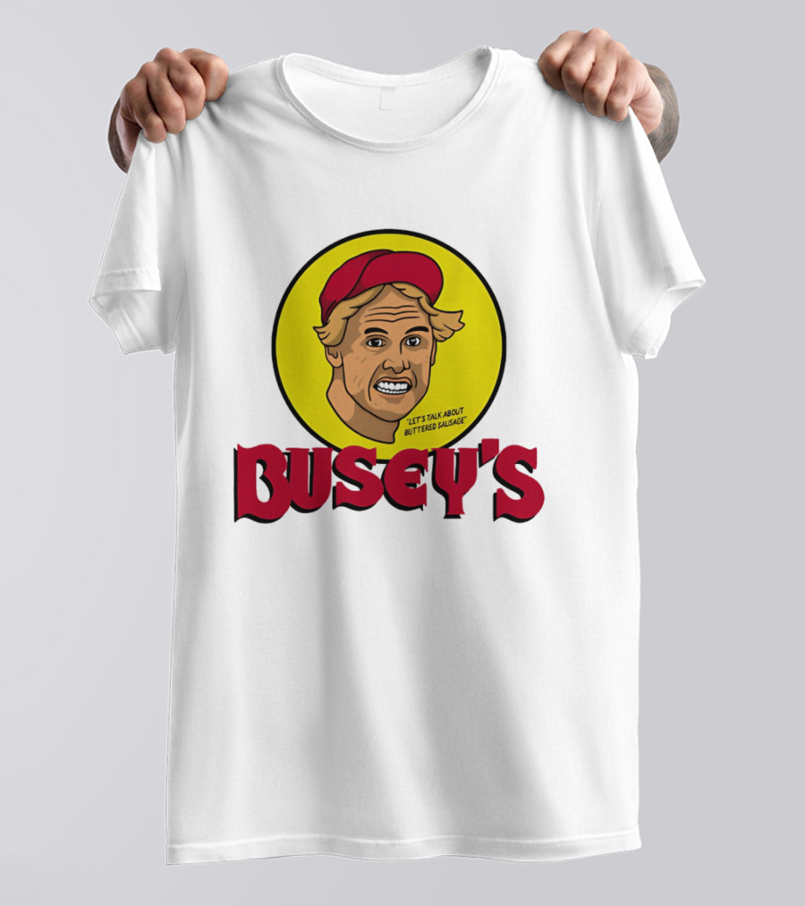 Busey's Let's Talk About Buttered Sausage Gary Busey Red Cap T-Shirt