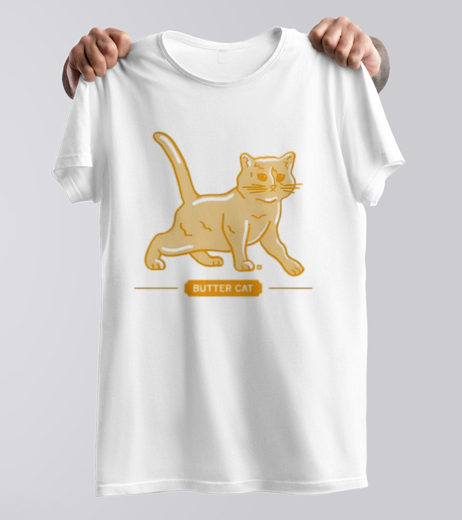 Butter Cat Yellow Orange Cartoon Walking Feline Line T-Shirt