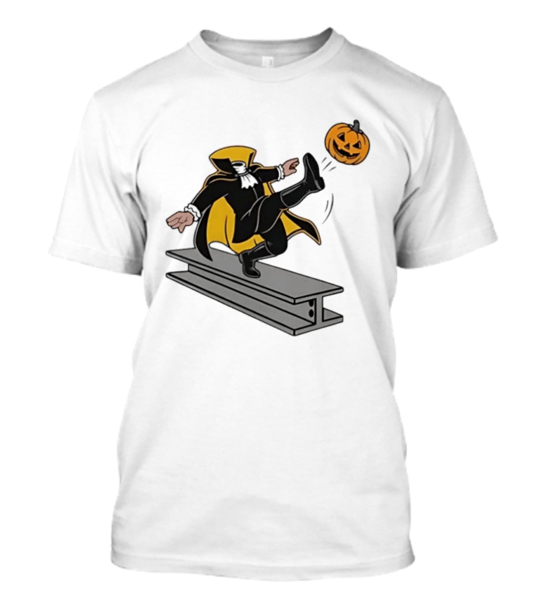 Cartoon Headless Horseman Kicking Jack O Lantern Pumpkin Steel Beam T-Shirt