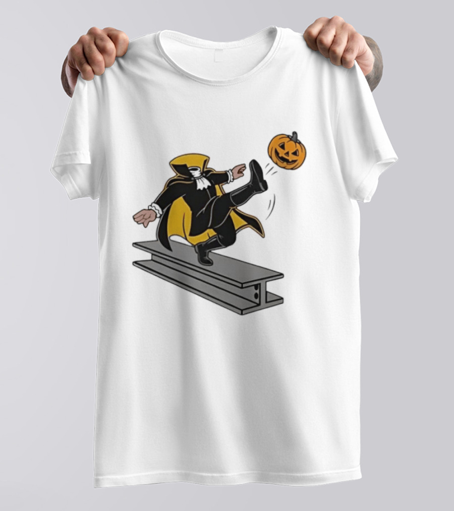 Cartoon Headless Horseman Kicking Jack O Lantern Pumpkin Steel Beam T-Shirt