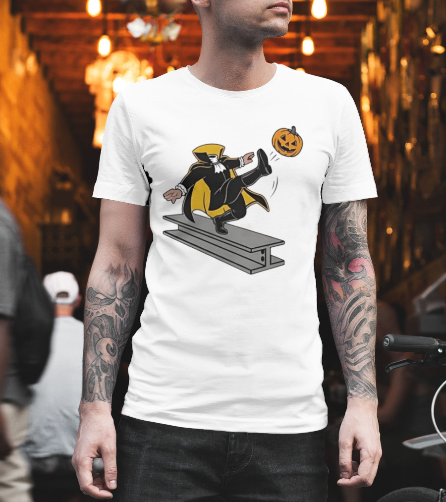 Cartoon Headless Horseman Kicking Jack O Lantern Pumpkin Steel Beam T-Shirt