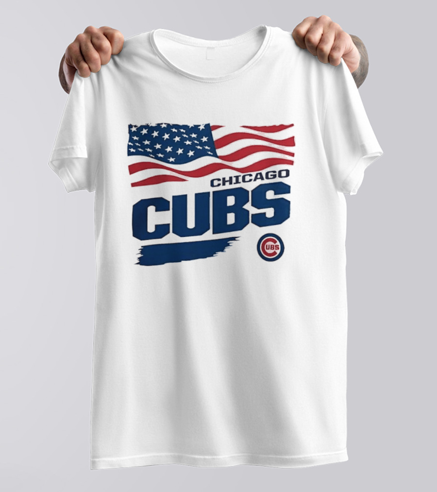 Chicago Cubs American Flag Waving Paint Brush Stroke MLB Cubs T-Shirt