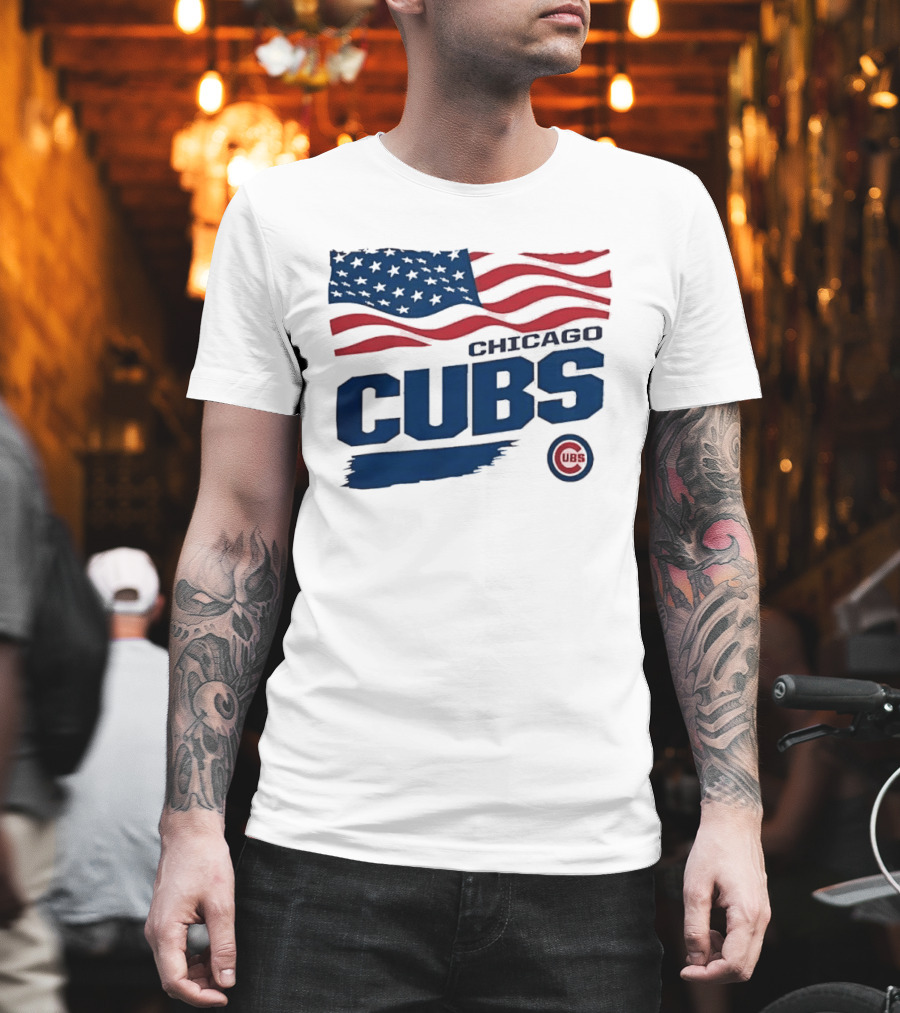Chicago Cubs American Flag Waving Paint Brush Stroke MLB Cubs T-Shirt