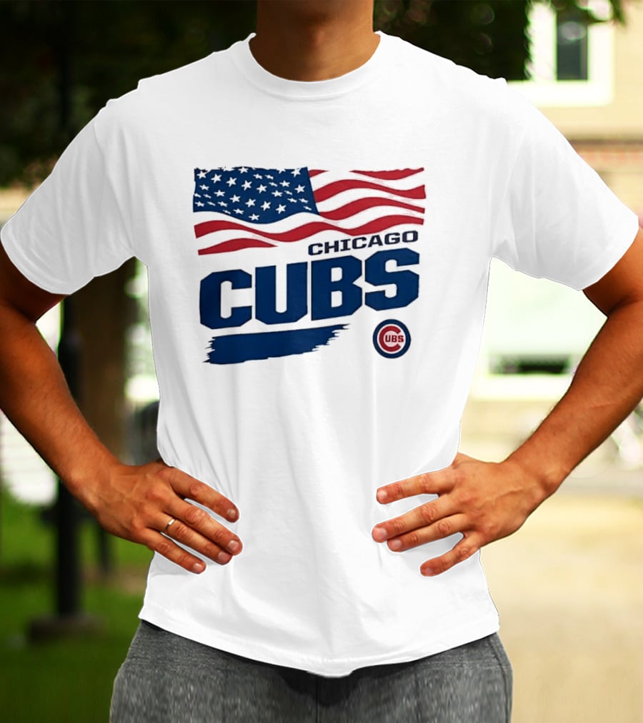 Chicago Cubs American Flag Waving Paint Brush Stroke MLB Cubs T-Shirt