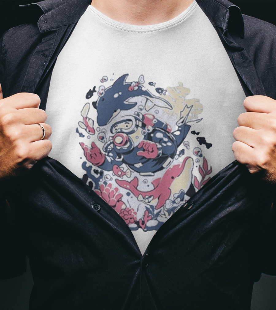 Fangamer Dolphins Dive Underwater Adventure With Diver And Marine Life T-Shirt